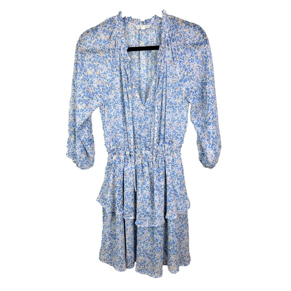 Endless Blu Tiered Ruffle 3/4 Sleeve Dress Tie Neck Blue Floral Tie Neck Mini S - Picture 1 of 13